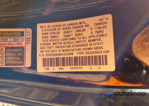 2014 Honda Civic Lx from USA, damaged, VIN 2HGFG3B5XEH522428